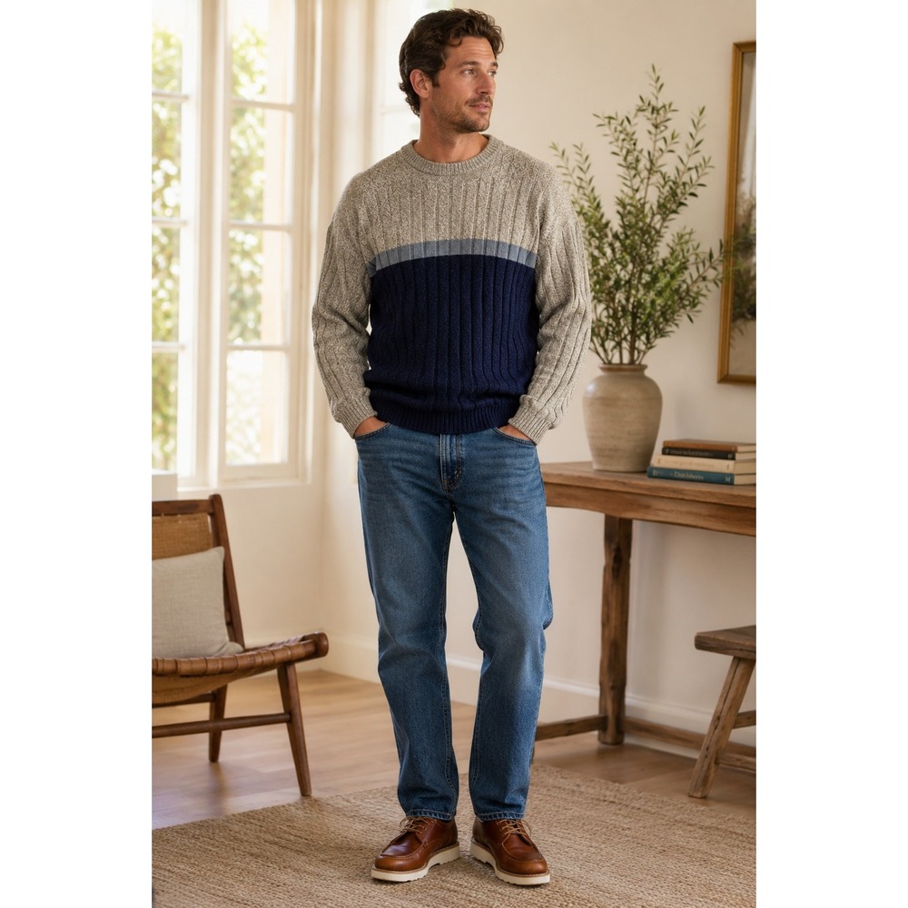 David Taylor Mens XL Colorblock Ribbed Crewneck Sweater Blue Tan Made in USA